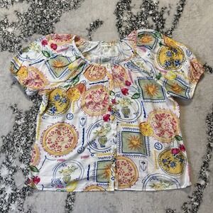 Kate And Lily Blouse Womens Size 2X Multicolor Postcard Print Short Sleeve‎ Top